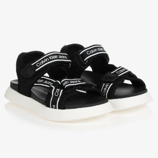 Calvin Klein Jeans-Teen Boys Black Logo Sandals | Childrensalon Outlet