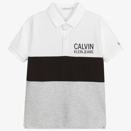Calvin Klein Jeans-توب بولو تينز ولادي قطن لون رمادي وأبيض وأسود | Childrensalon Outlet