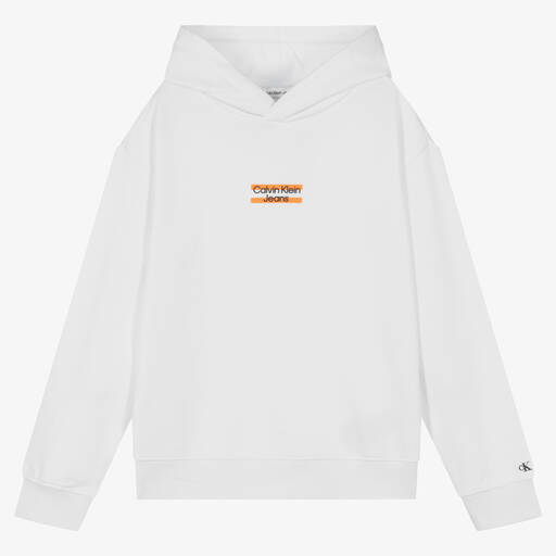 Calvin Klein Jeans-Teen Boys White Cotton Logo Hoodie | Childrensalon Outlet