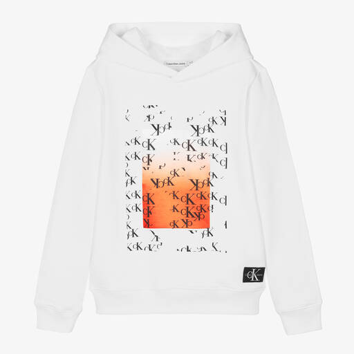 Calvin Klein Jeans-Teen Boys White Graphic Logo Hoodie | Childrensalon Outlet