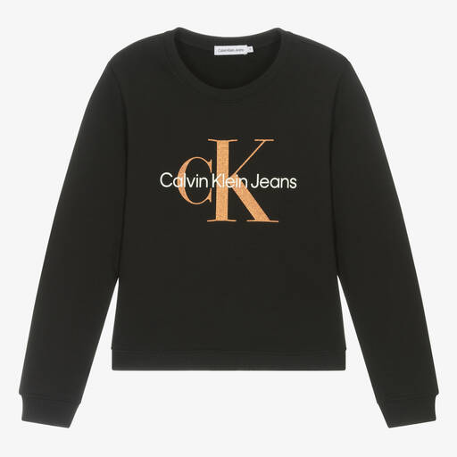 Calvin Klein-سويتشيرت تينز بناتي بطبعة مونوغرام قطن أسود | Childrensalon Outlet