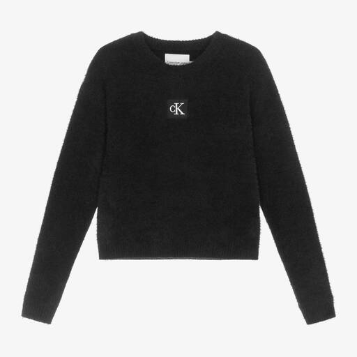 Calvin Klein-Schwarzer flauschiger Teen Monogramm-Pullover für Mädchen  | Childrensalon Outlet