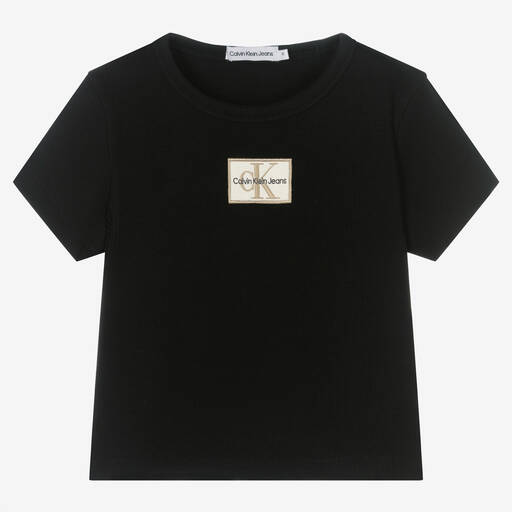 Calvin Klein Jeans-Teen Girls Black Ribbed Logo Badge T-Shirt | Childrensalon Outlet