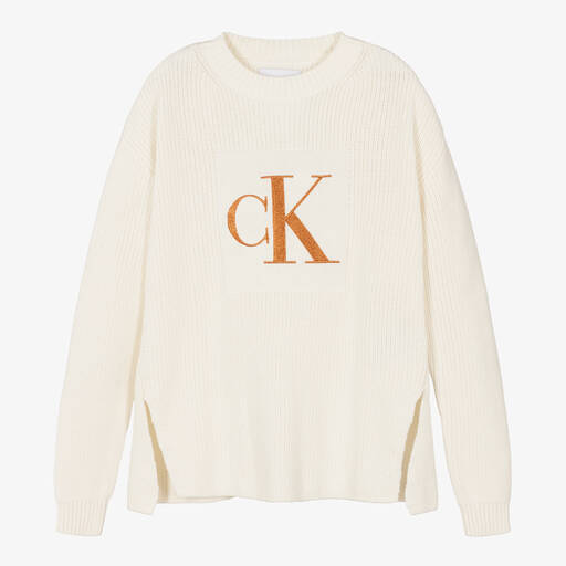 Calvin Klein-Baumwollstrickpullover in Elfenbein | Childrensalon Outlet