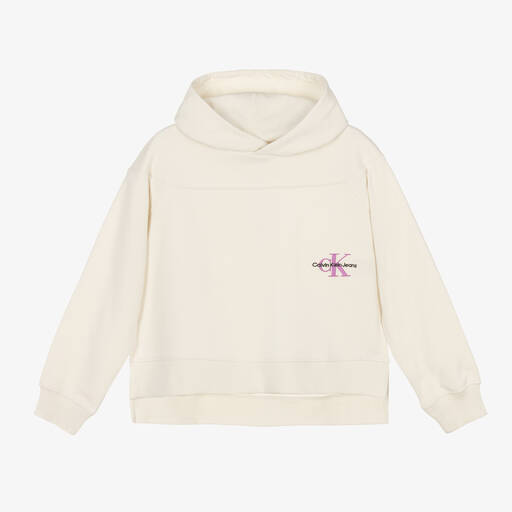 Calvin Klein Jeans-Teen Girls Ivory Cotton Logo Hoodie | Childrensalon Outlet