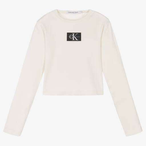 Calvin Klein Jeans-توب قصير تينز بناتي قطن جيرسي لون عاجي | Childrensalon Outlet