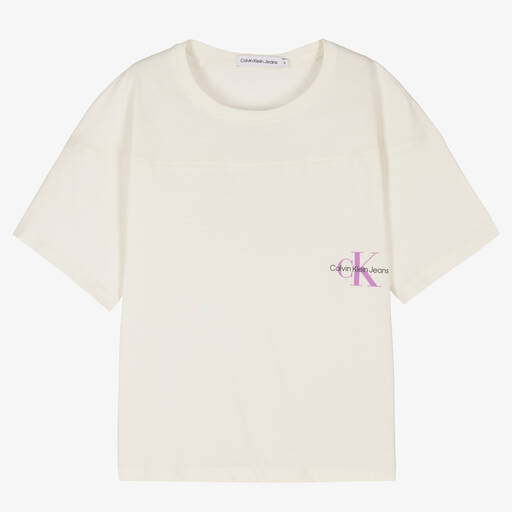 Calvin Klein Jeans-Teen Girls Ivory Logo T-Shirt | Childrensalon Outlet