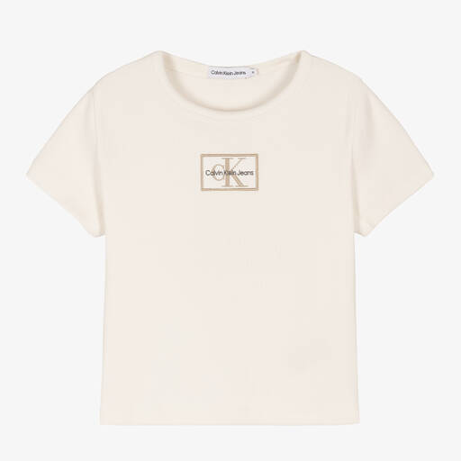 Calvin Klein Jeans-Teen Girls Ivory Ribbed Logo Badge T-Shirt | Childrensalon Outlet