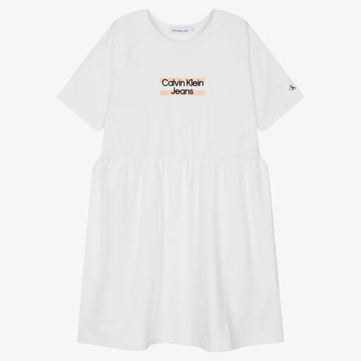Calvin Klein Jeans-Teen Girls White Cotton Jersey Dress | Childrensalon Outlet