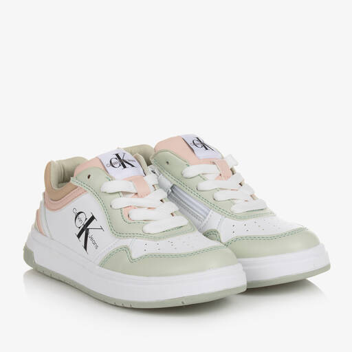 Calvin Klein-Baskets simili cuir blanc et vert | Childrensalon Outlet