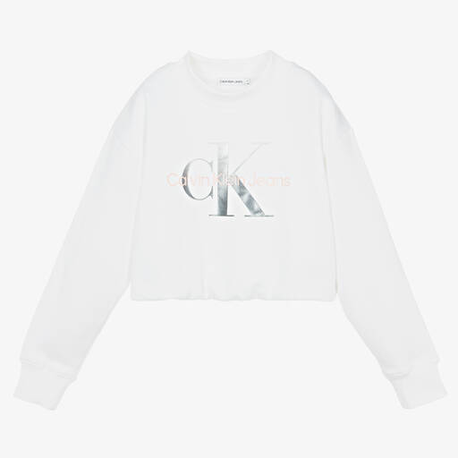 Calvin Klein Jeans-سويتشيرت تينز بناتي قطن جيرسي لون أبيض | Childrensalon Outlet
