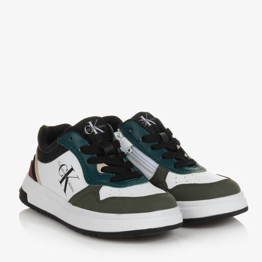 Calvin Klein-Teen White & Green Faux Leather Trainers | Childrensalon Outlet