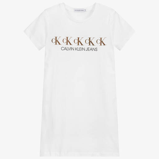 Calvin Klein Jeans-Teen White Logo T-Shirt Dress | Childrensalon Outlet