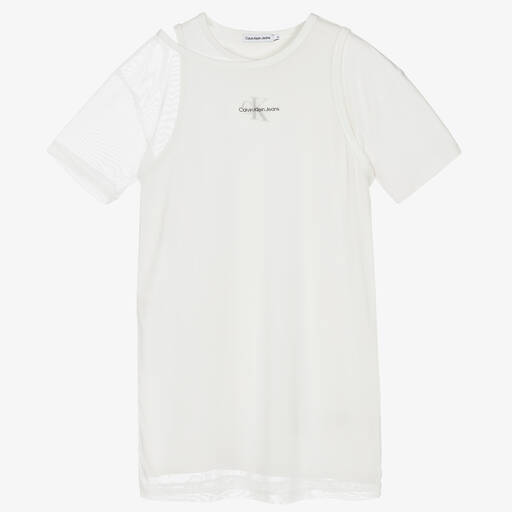 Calvin Klein Jeans-Teen White Mix Media T-Shirt Dress | Childrensalon Outlet