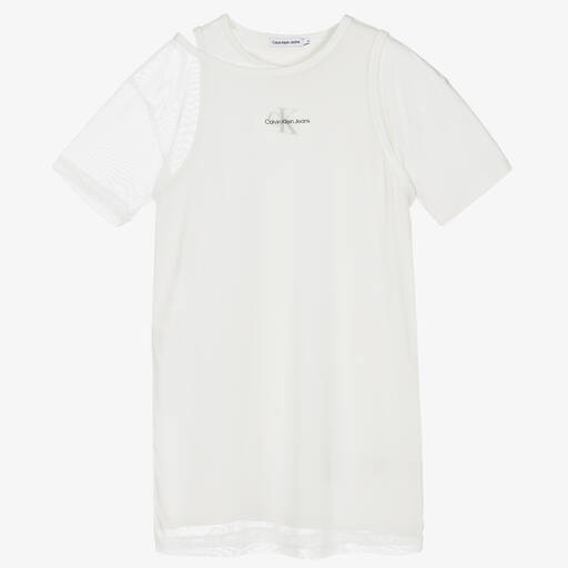 Calvin Klein Jeans-فستان تيشيرت تينز بناتي جيرسي لون أبيض | Childrensalon Outlet