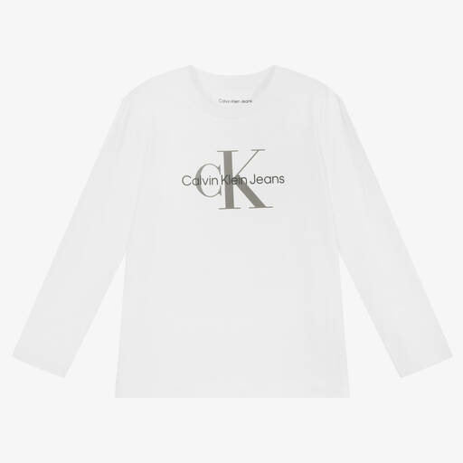 Calvin Klein Jeans-White Cotton Logo Top | Childrensalon Outlet