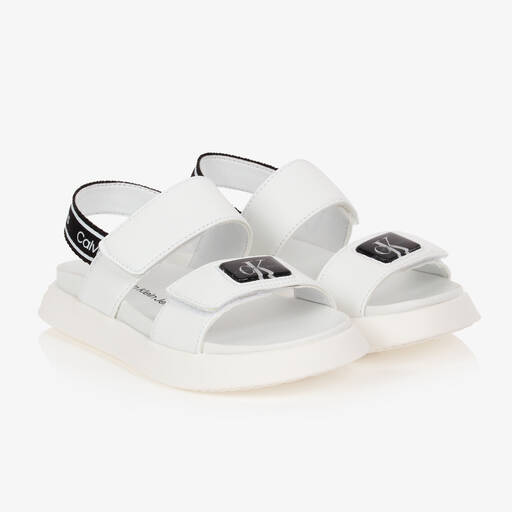 Calvin Klein Jeans-White Faux Leather Logo Sandals | Childrensalon Outlet
