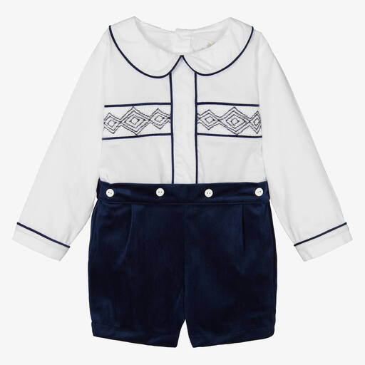 Caramelo Kids-Baby Boys Ivory & Blue Velvet Buster Suit | Childrensalon Outlet