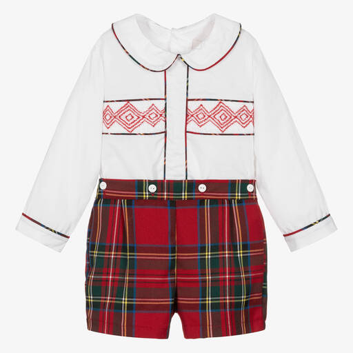 Caramelo Kids-Baby Boys Red & Ivory Tartan Buster Suit | Childrensalon Outlet