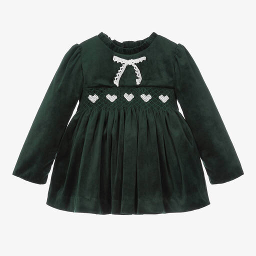 Caramelo Kids-Baby Girls Green Velvet Smocked Dress | Childrensalon Outlet