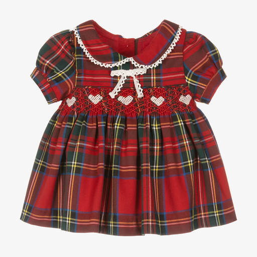 Caramelo Kids-Gesmoktes Kleid mit rotem Schottenkaromuster für weibliche Babys | Childrensalon Outlet