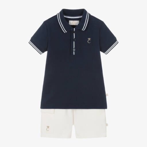 Caramelo Kids-Boys Elegant Blue & White Cotton Ensemble | Childrensalon Outlet