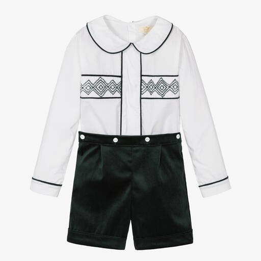 Caramelo Kids-Boys Ivory & Green Velvet Buster Suit | Childrensalon Outlet