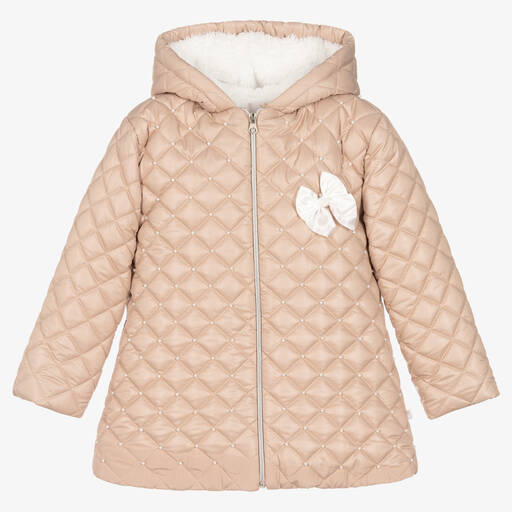 Caramelo Kids-Girls Beige Quilted Hooded Coat | Childrensalon Outlet