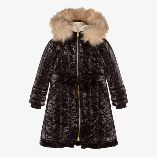 Caramelo Kids-Girls Black Fur Trimmed Coat | Childrensalon Outlet