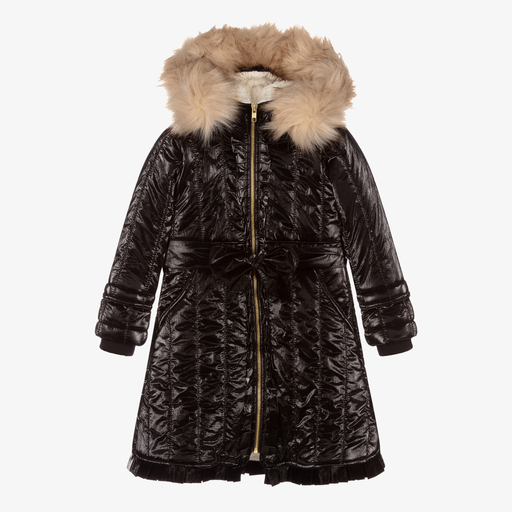 Caramelo Kids-Girls Black Fur Trimmed Coat | Childrensalon Outlet