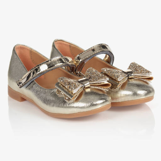 Caramelo Kids-Girls Gold Glitter Bow Pumps | Childrensalon Outlet