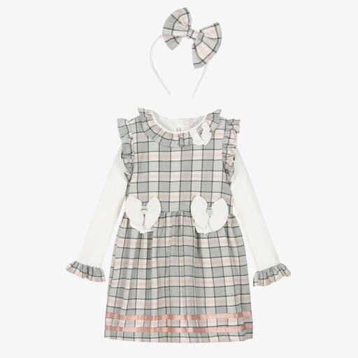 Caramelo Kids-Girls Grey & Pink Check Dress Set | Childrensalon Outlet