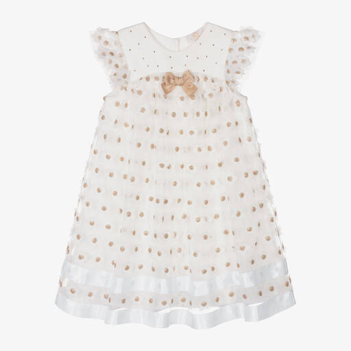 Caramelo Kids-فستان قطن وتول لون عاجي مزين بورود وترتر | Childrensalon Outlet