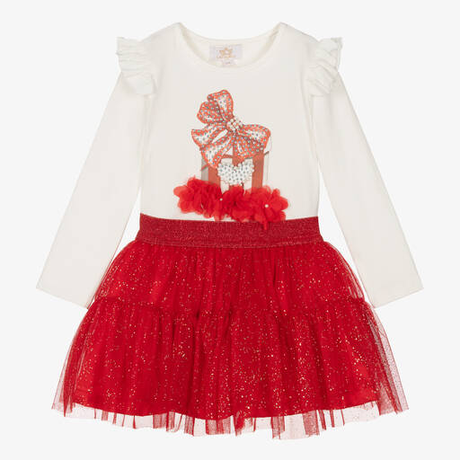 Caramelo Kids-طقم تنورة قطن جيرسي وتول لون عاجي وأحمر | Childrensalon Outlet
