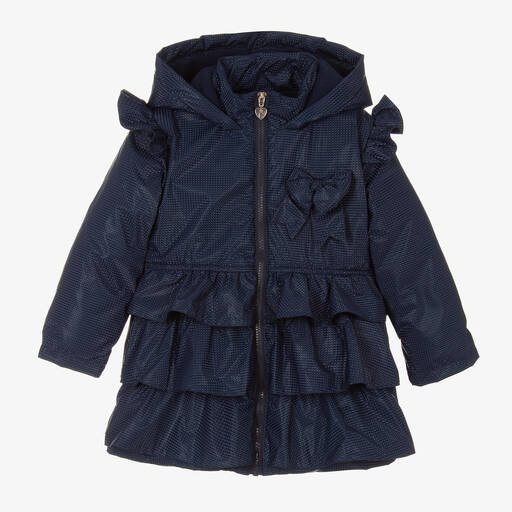 Caramelo Kids-Girls Navy Blue Hooded Ruffles Coat | Childrensalon Outlet