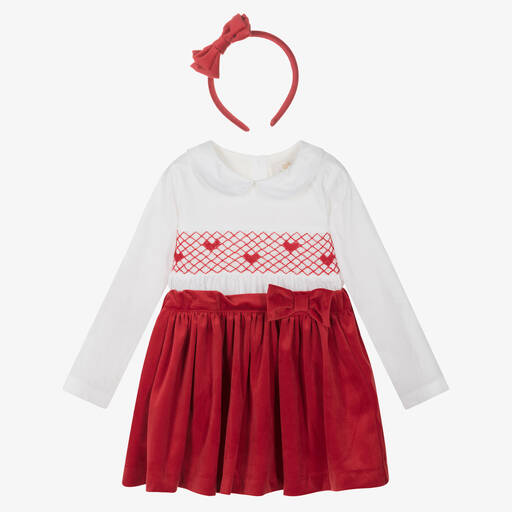 Caramelo Kids-طقم تنورة قطن ومخمل لون أحمر وعاجي | Childrensalon Outlet