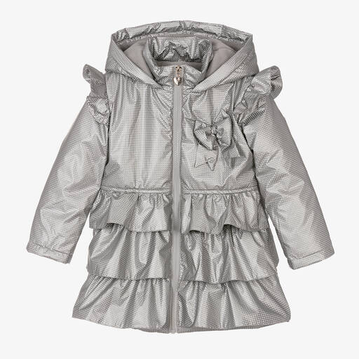 Caramelo Kids-Girls Silver Hooded Ruffes Coat | Childrensalon Outlet