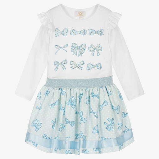 Caramelo Kids-Girls White & Blue Bow Print Skirt Set | Childrensalon Outlet