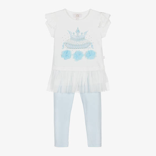 Caramelo Kids-Girls White & Blue Cotton Leggings Set | Childrensalon Outlet