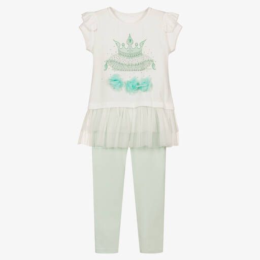 Caramelo Kids-Girls White & Green Crown Leggings Set | Childrensalon Outlet
