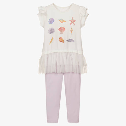 Caramelo Kids-Белая футболка с ракушками и фиолетовые легинсы | Childrensalon Outlet