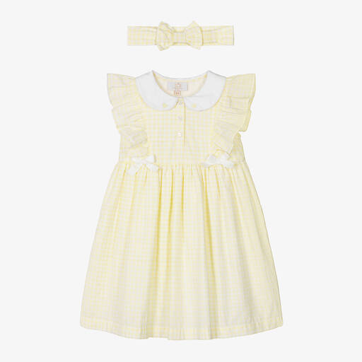 Caramelo Kids-Girls Yellow Cotton Gingham Dress Set | Childrensalon Outlet