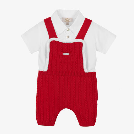 Caramelo Kids-Red Knit Baby Dungaree Shorts Set | Childrensalon Outlet