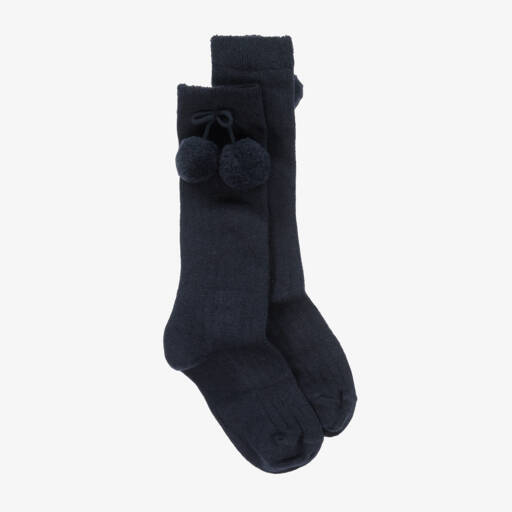 Carlomagno-Girls Navy Blue Knee-Length Socks With Pom-Poms | Childrensalon Outlet