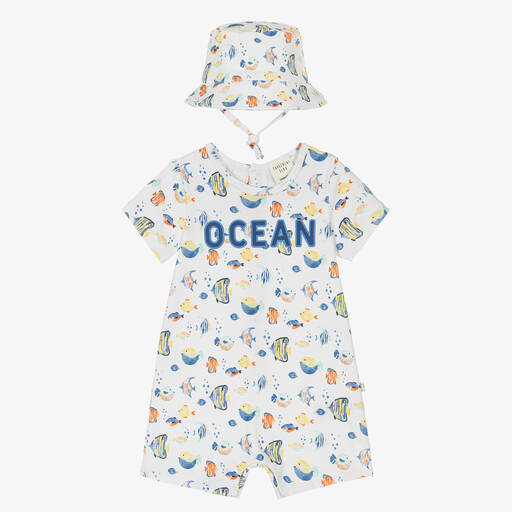 Carrément Beau-Baby Boys White Ocean Print Shortie Set | Childrensalon Outlet