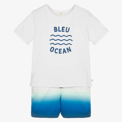 Carrément Beau-طقم شورت قطن عضوي لون أزرق وأبيض للأولاد | Childrensalon Outlet