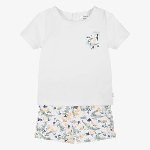 Carrément Beau-طقم شورت قطن جيرسي لون أخضر وأبيض للأولاد | Childrensalon Outlet