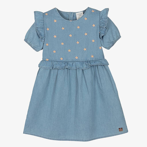 Carrément Beau-Robe bleue brodée en chambray fille | Childrensalon Outlet