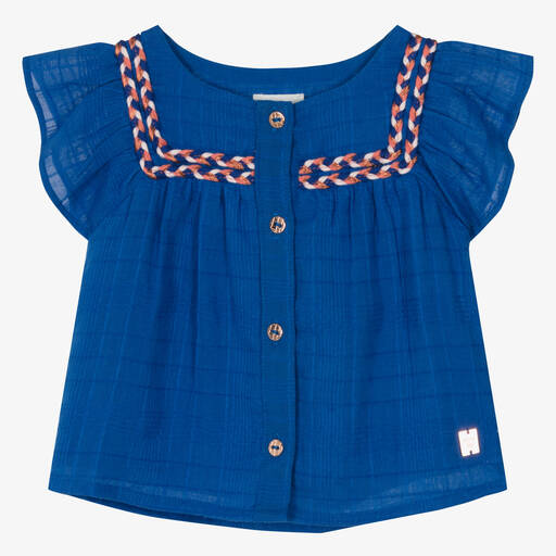Carrément Beau-Girls Blue Embroidered Cotton Blouse | Childrensalon Outlet