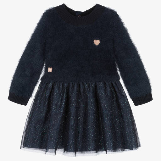 Carrément Beau-Girls Blue Knit & Glittery Tulle Dress | Childrensalon Outlet